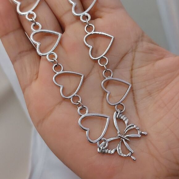 Butterfly Pendant with Linked Open Heart Silver Tone Necklace - Picture 6 of 6